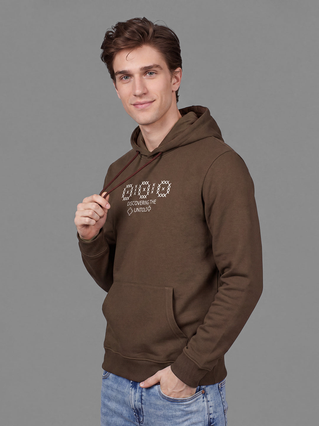 Coffee Typography Printed Regular Fit Hooded Neck Full Sleeve Men Hoody by Being Human Clothing