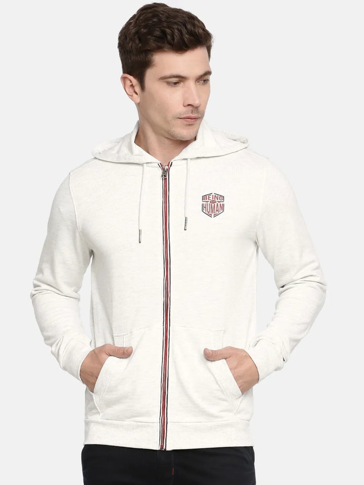 Beige Regular Fit  Long Sleeves Cotton Men's Hoodie