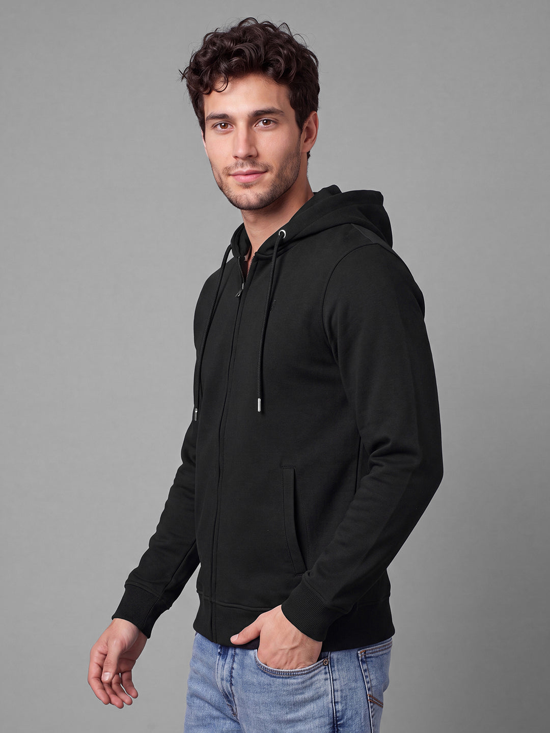 Black Regular Fit Hooded Neck Full Sleeve Solid Zip-Up Men Hoody by Being Human Clothing