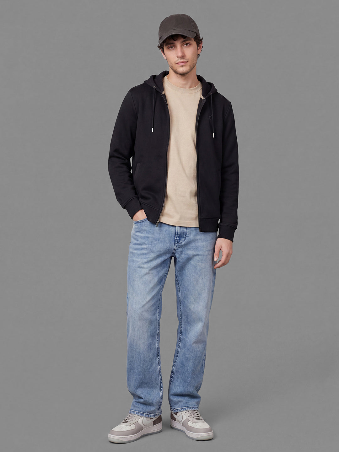 Black Regular Fit Hooded Neck Full Sleeve Solid Zip-Up Men Hoody by Being Human Clothing