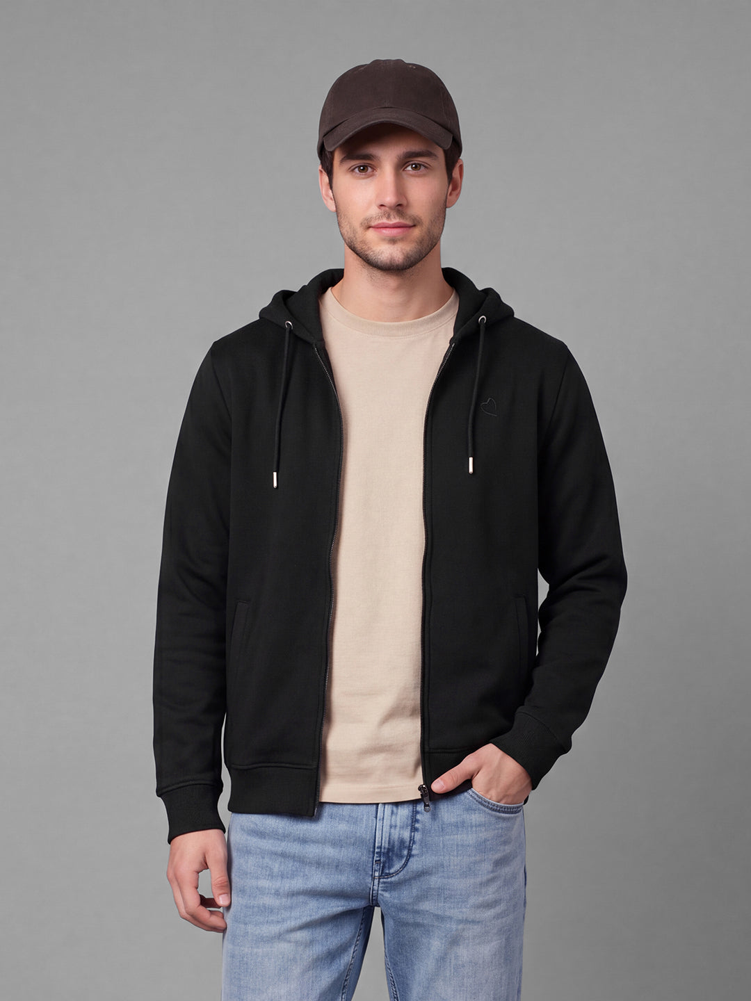 Black Regular Fit Hooded Neck Full Sleeve Solid Zip-Up Men Hoody by Being Human Clothing