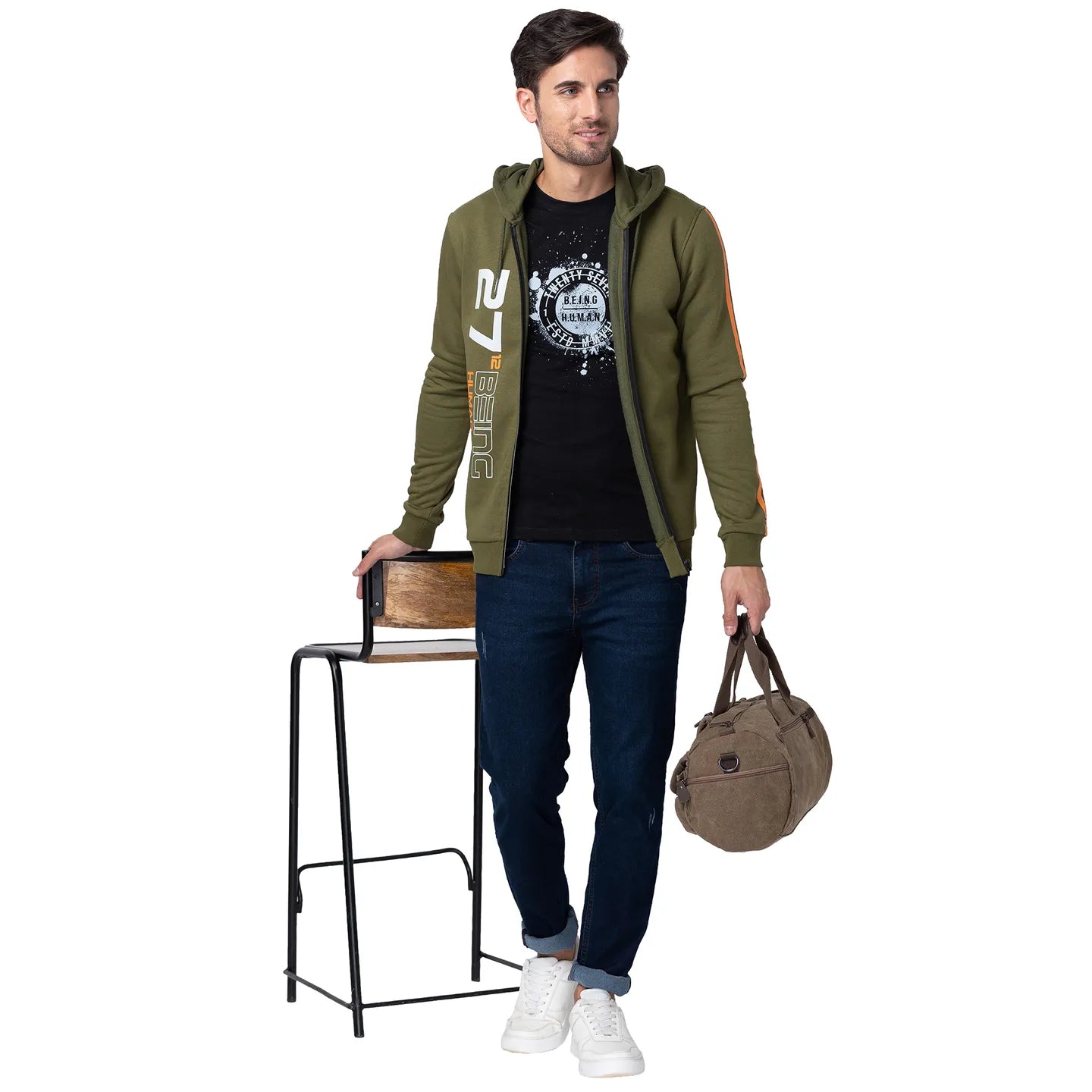 Being Human Clothing Men Regular Fit Hooded Hoody-Olive