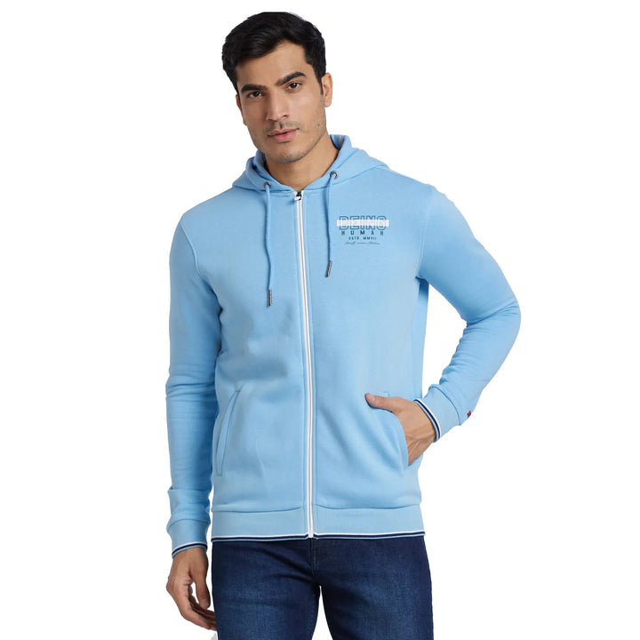 Blue Regular Fit  Long Sleeves Cotton Men's Hoodie