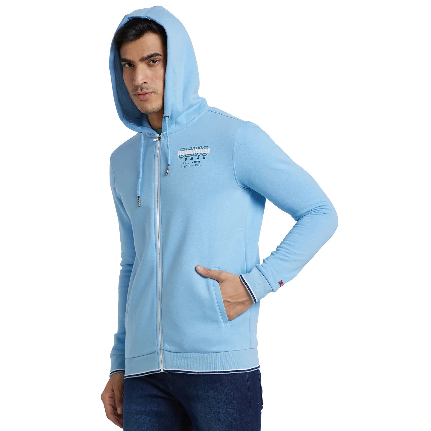 Blue Regular Fit  Long Sleeves Cotton Men's Hoodie by Being Human Clothing
