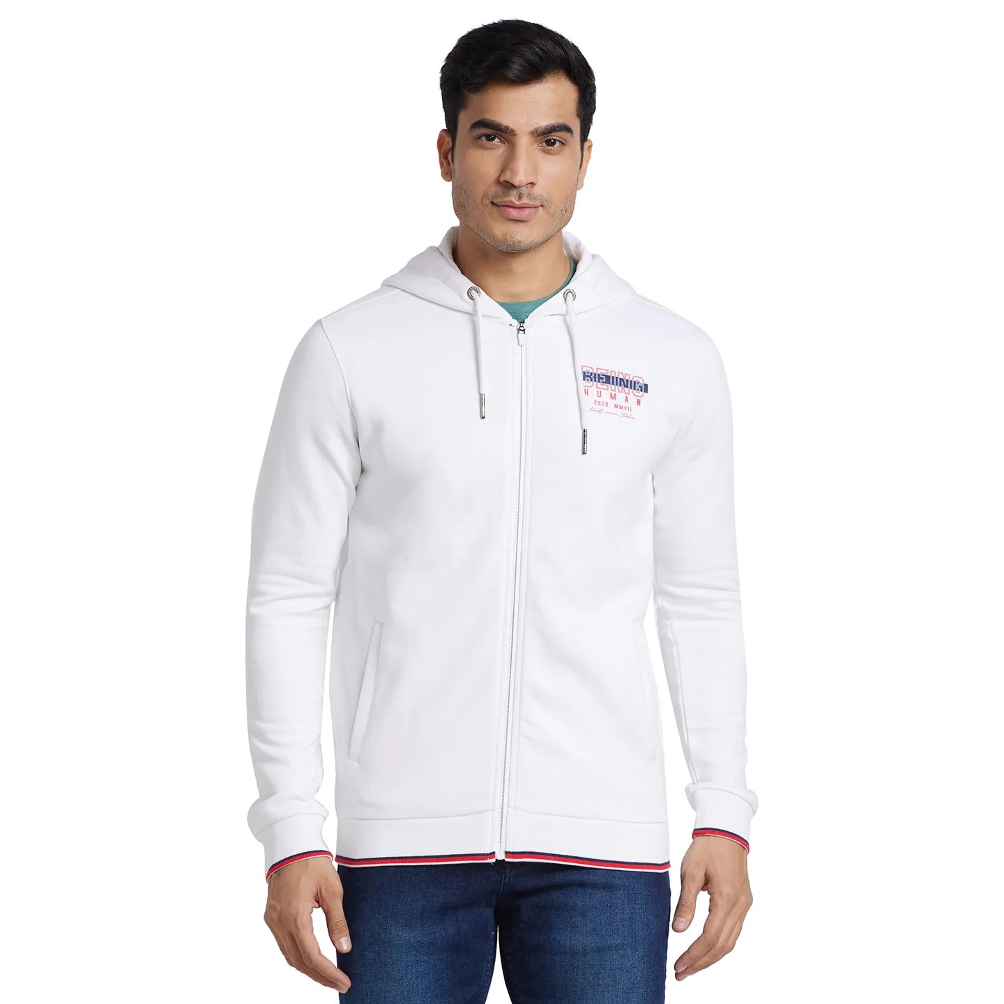 White Regular Fit  Long Sleeves Cotton Men's Hoodie by Being Human Clothing