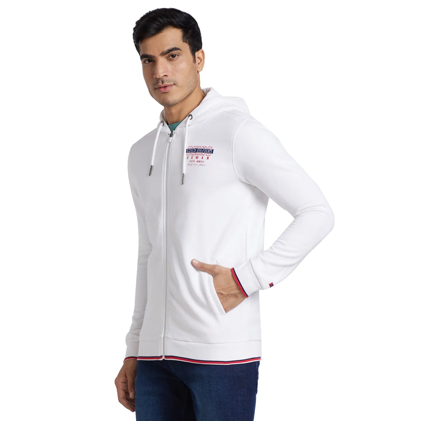 White Regular Fit  Long Sleeves Cotton Men's Hoodie by Being Human Clothing