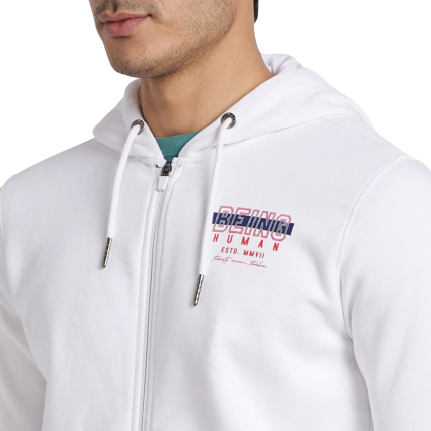 White Regular Fit  Long Sleeves Cotton Men's Hoodie by Being Human Clothing