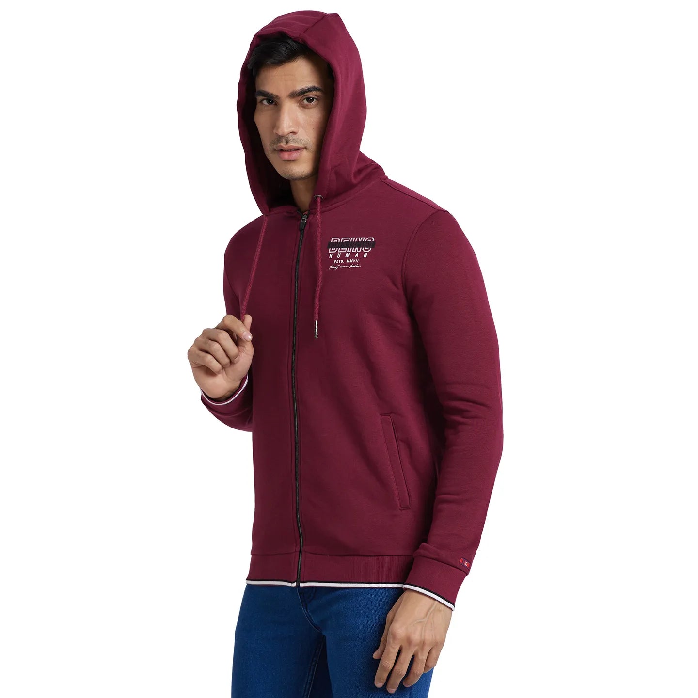 White Regular Fit  Long Sleeves Cotton Men's Hoodie by Being Human Clothing