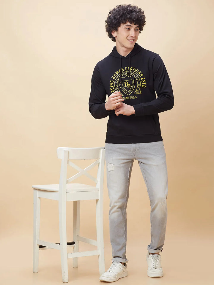 Black Regular Fit  Long Sleeves Men's Hoodie