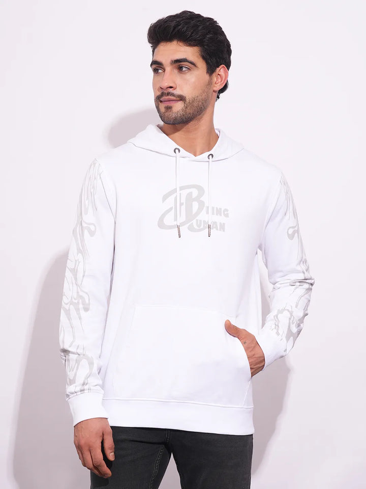 White Regular Fit  Long Sleeves Men's Hoodie
