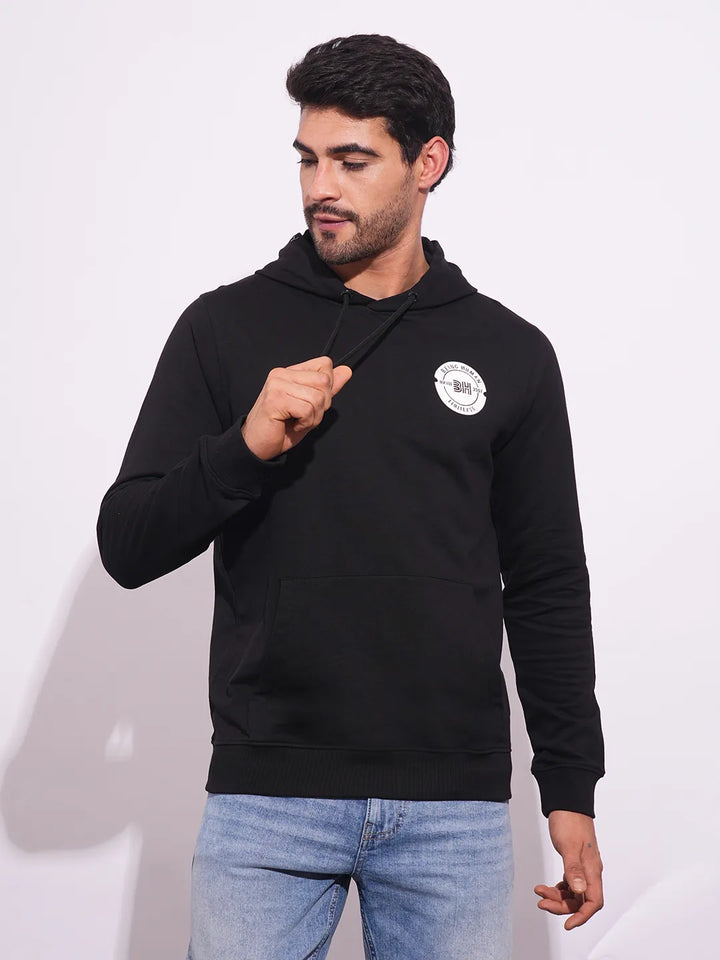 Black Regular Fit  Long Sleeves Men's Hoodie