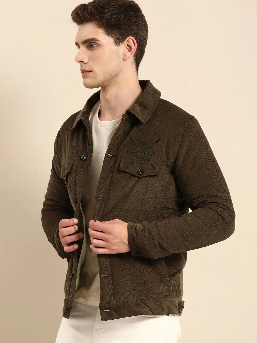 Brown Regular Fit Long Sleeves Cotton Men's Jacket by Being Human Clothing
