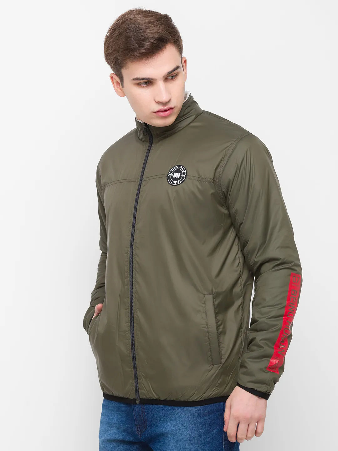 Olive Regular Fit Long Sleeves Polyester Men's Jacket by Being Human Clothing