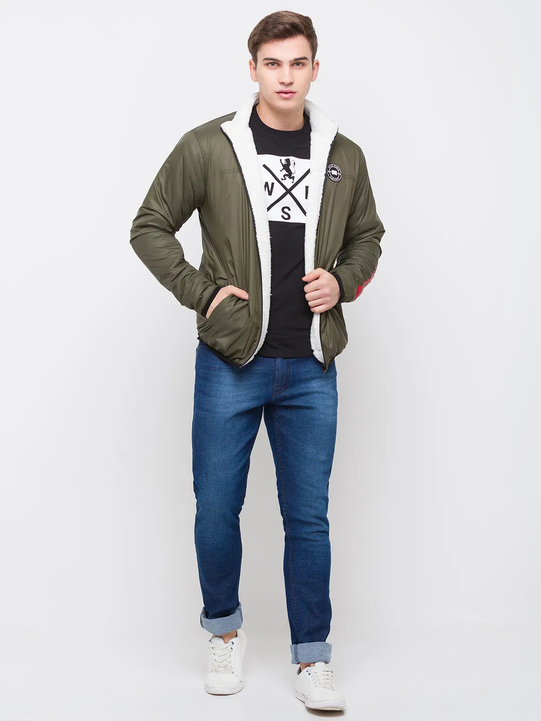 Olive Regular Fit Long Sleeves Polyester Men's Jacket by Being Human Clothing