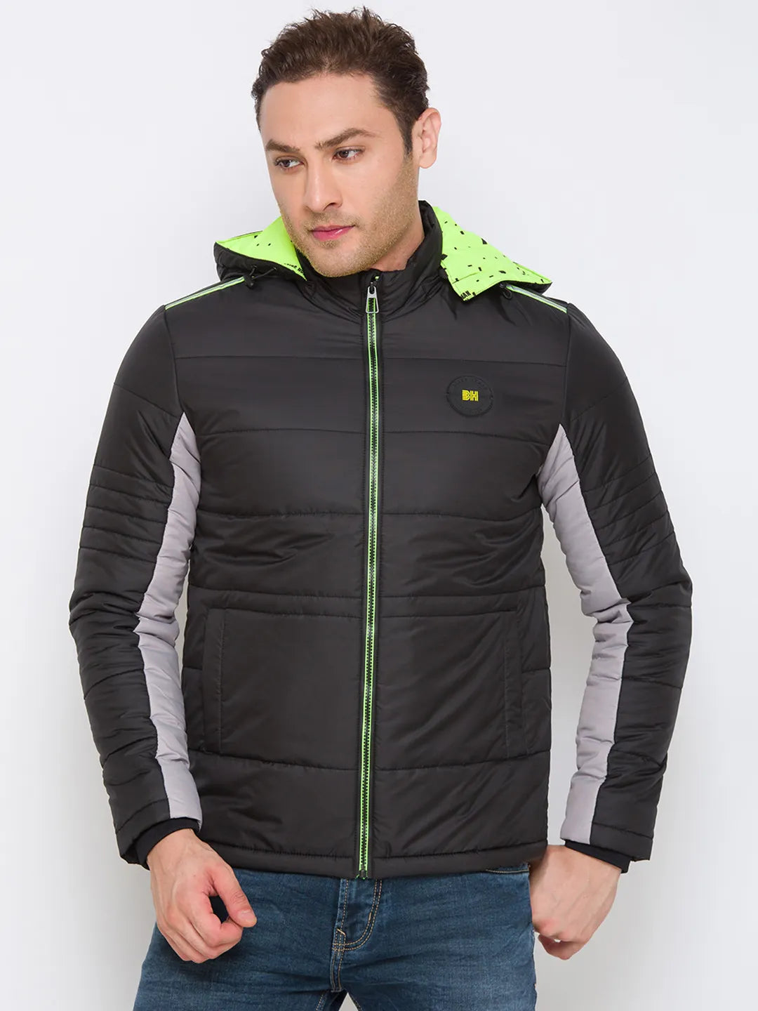 Being Human Clothing Men Regular Fit Collared Jackets-Black/Grey Lime