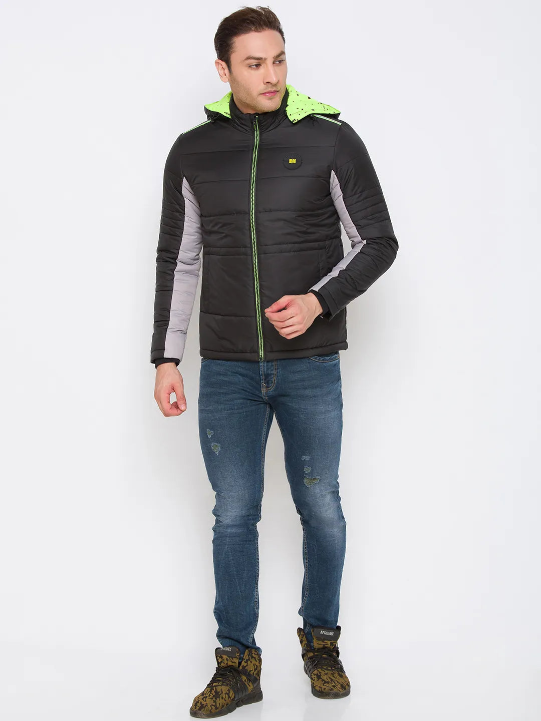 Being Human Clothing Men Regular Fit Collared Jackets-Black/Grey Lime