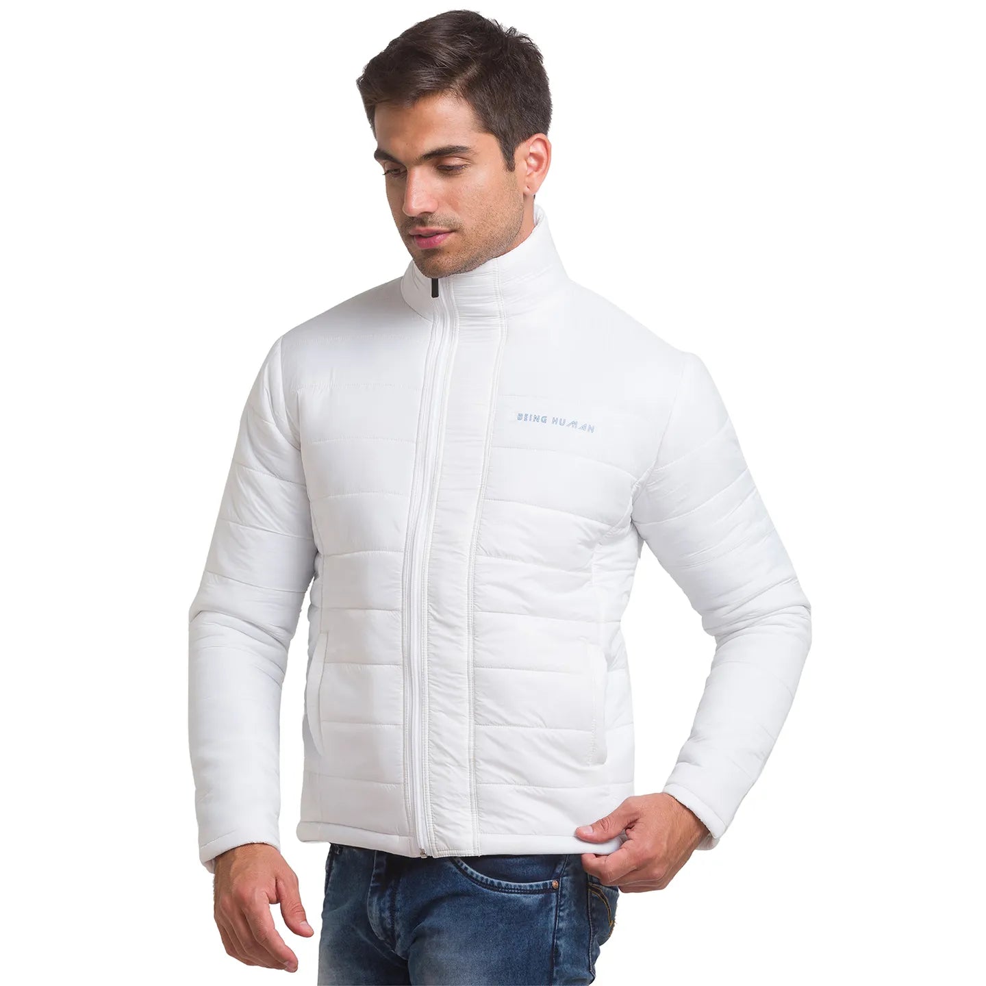 White Regular Fit Long Sleeves Polyester Men's Jacket by Being Human Clothing