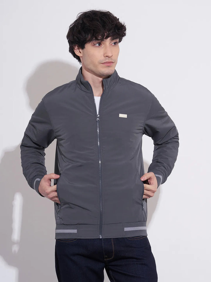 Grey Regular Fit Long Sleeves Polyester Men's Jacket