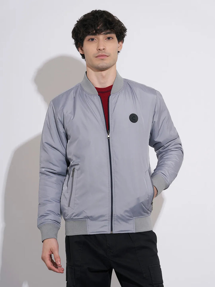 Silver Regular Fit Long Sleeves Polyester Men's Jacket