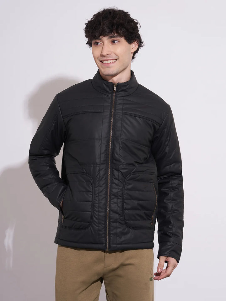 Black Regular Fit Long Sleeves Polyester Men's Jacket