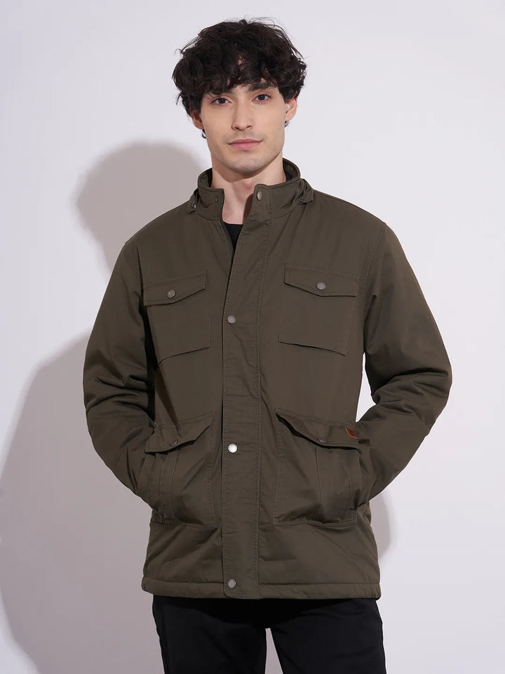 Olive Regular Fit Long Sleeves Polyester Men's Jacket