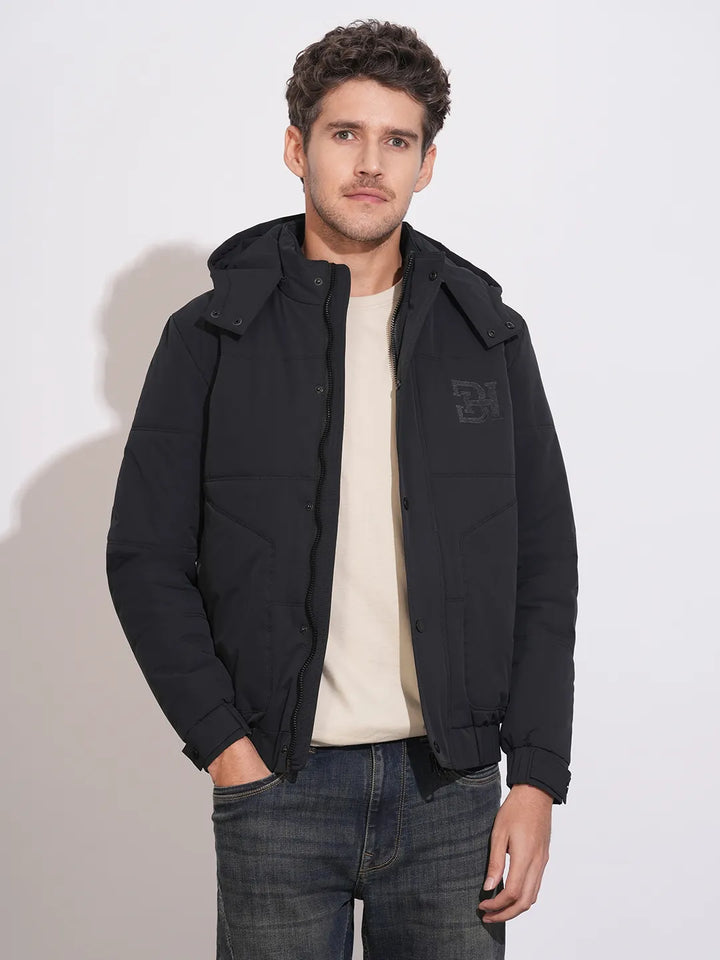 Black Regular Fit Long Sleeves Polyester Men's Jacket