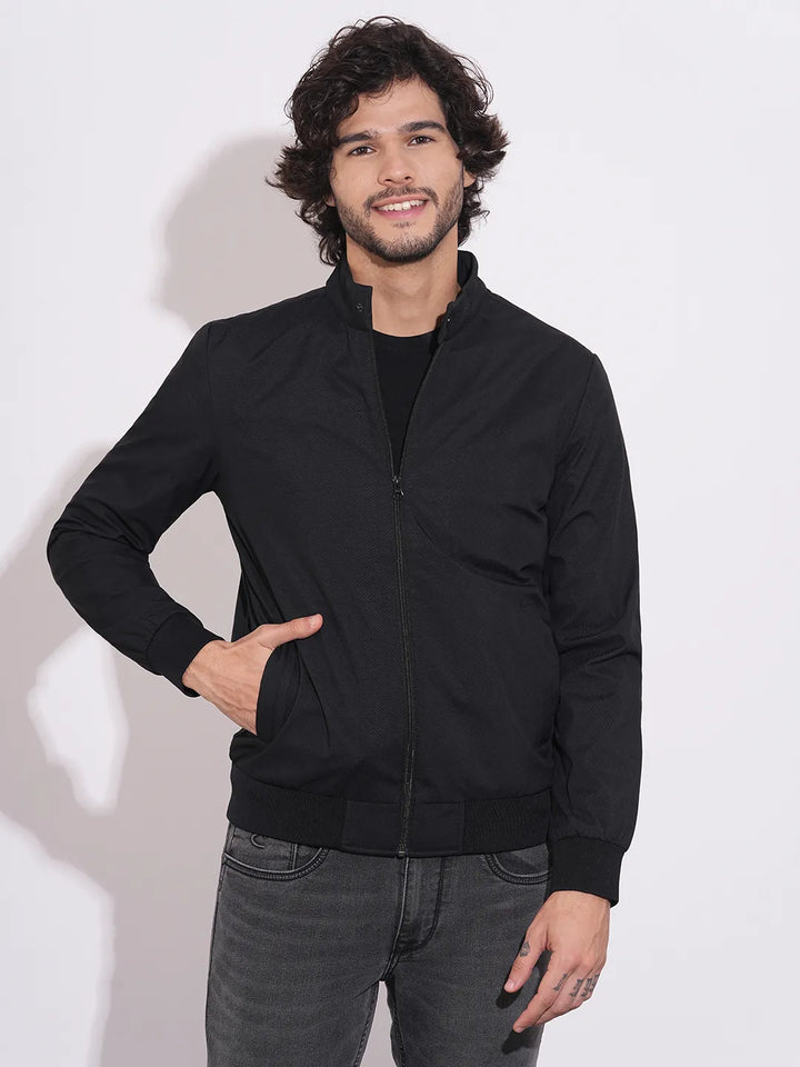 Black Regular Fit Long Sleeves Polyester Men's Jacket