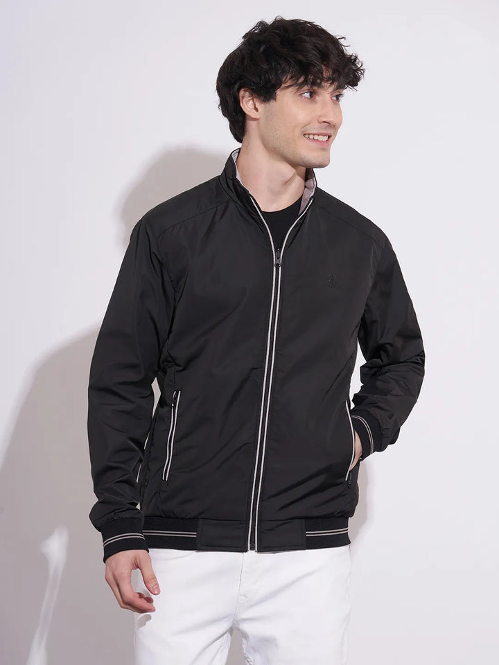 Black Regular Fit Long Sleeves Polyester Men's Jacket