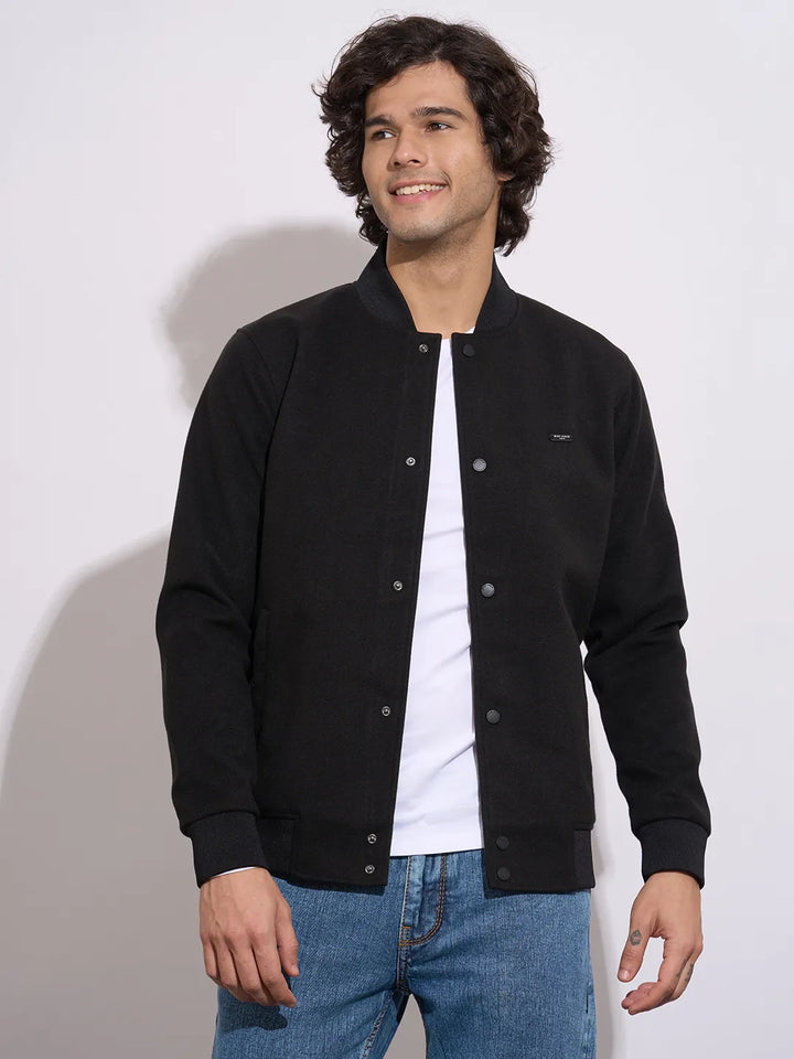 Black Regular Fit Long Sleeves Polyester Men's Jacket