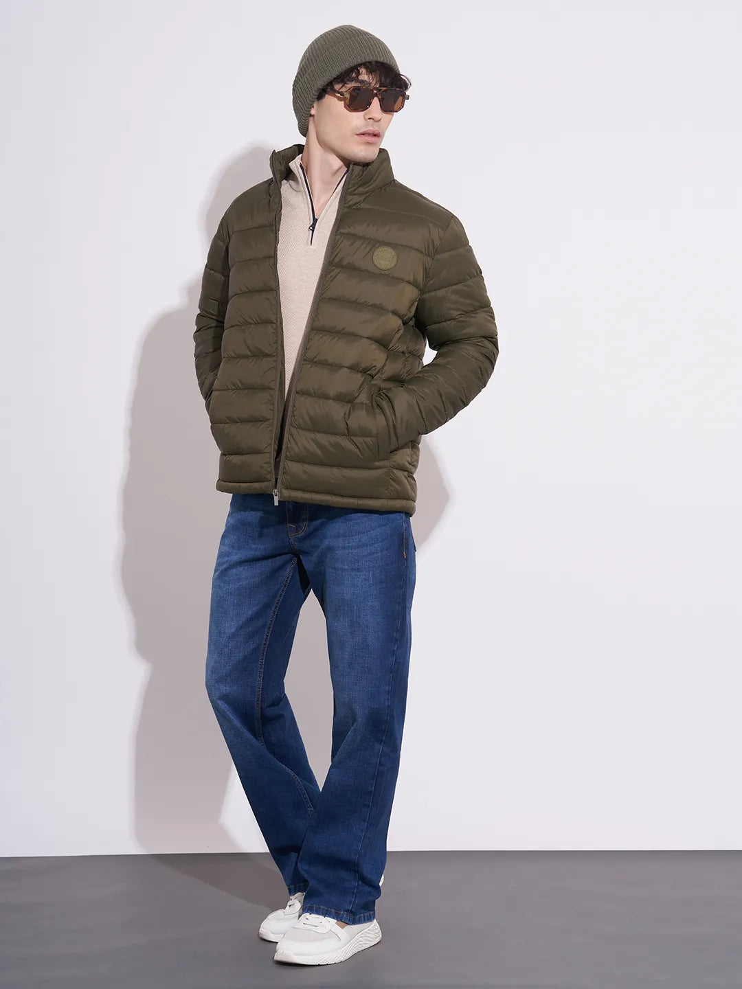 Being Human Men's Olive High-Neck Puffer Jacket
