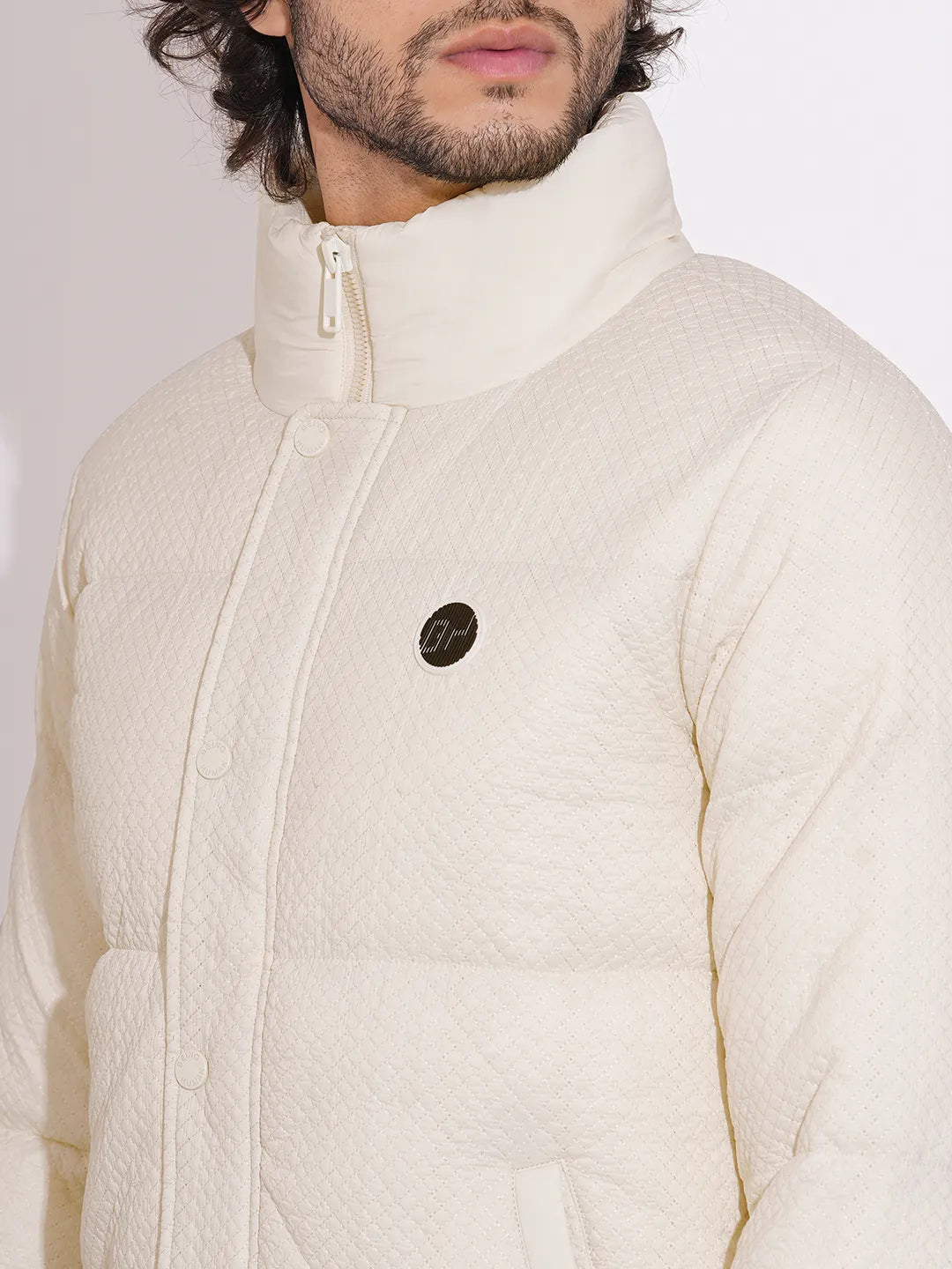 Men's Beige High-Neck Puffer Jacket by Being Human Clothing
