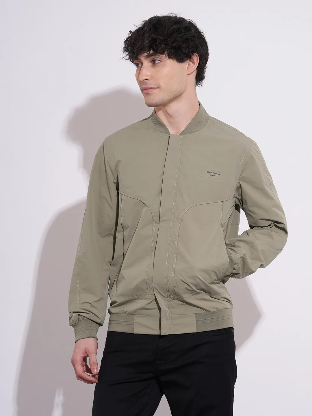 Being Human Men's Olive Baseball Collar Bomber Jacket