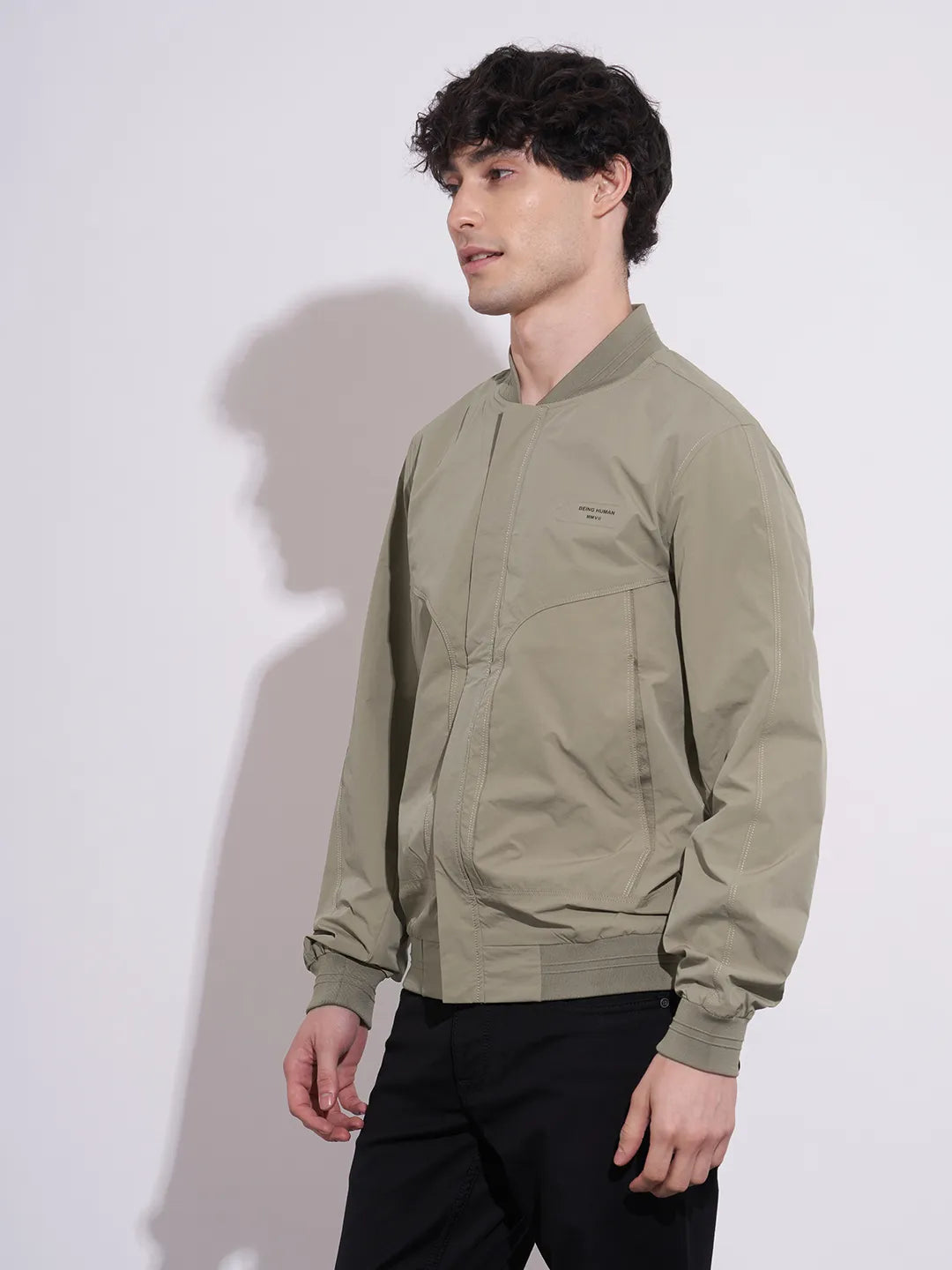 Being Human Men's Olive Baseball Collar Bomber Jacket