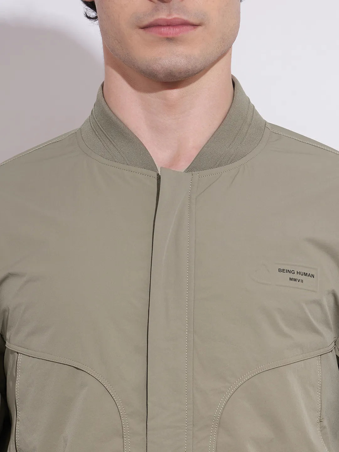 Being Human Men's Olive Baseball Collar Bomber Jacket