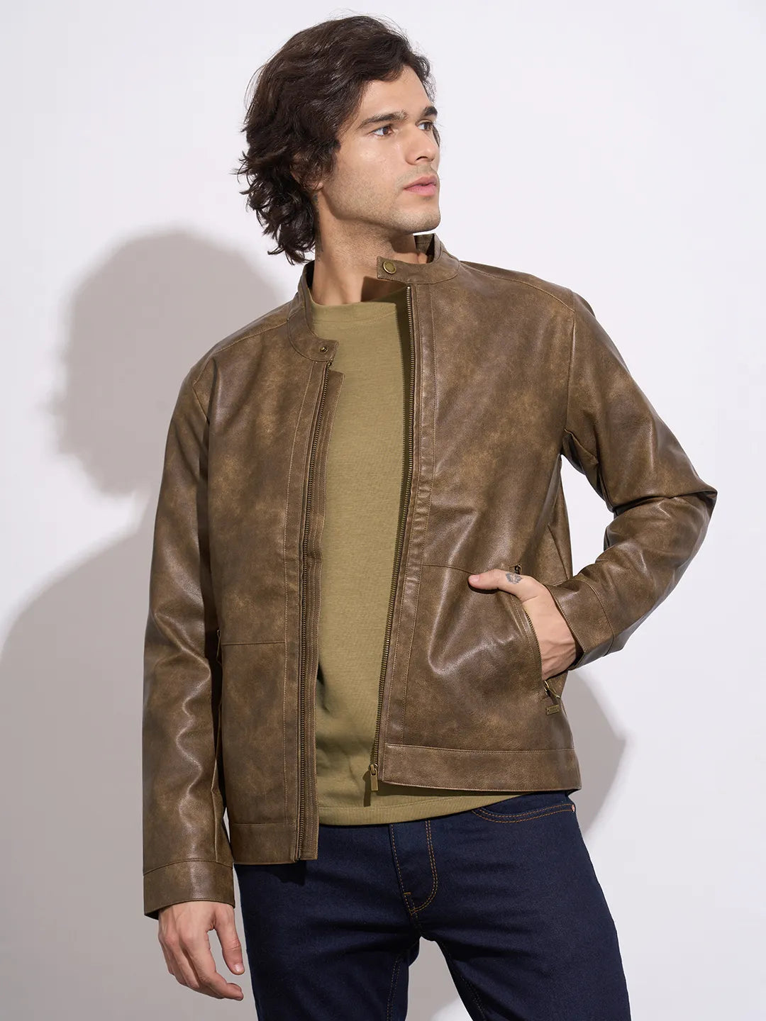 Being Human Men's Brown Band Collar Leather Jacket