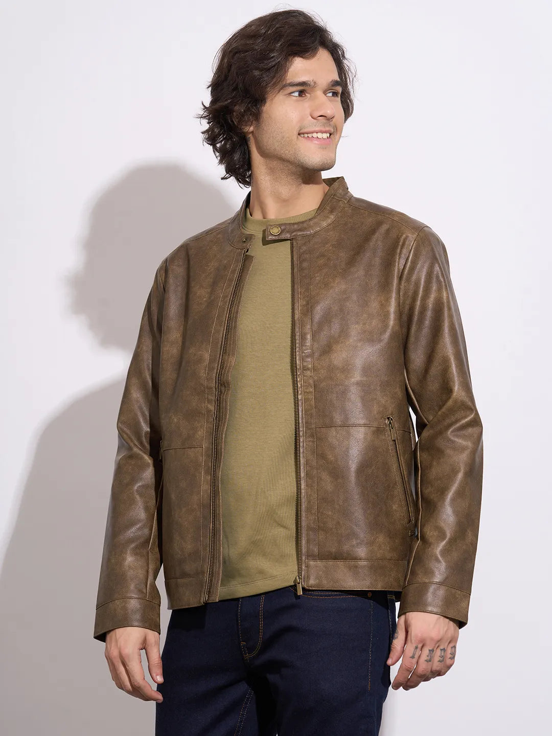 Being Human Men's Brown Band Collar Leather Jacket