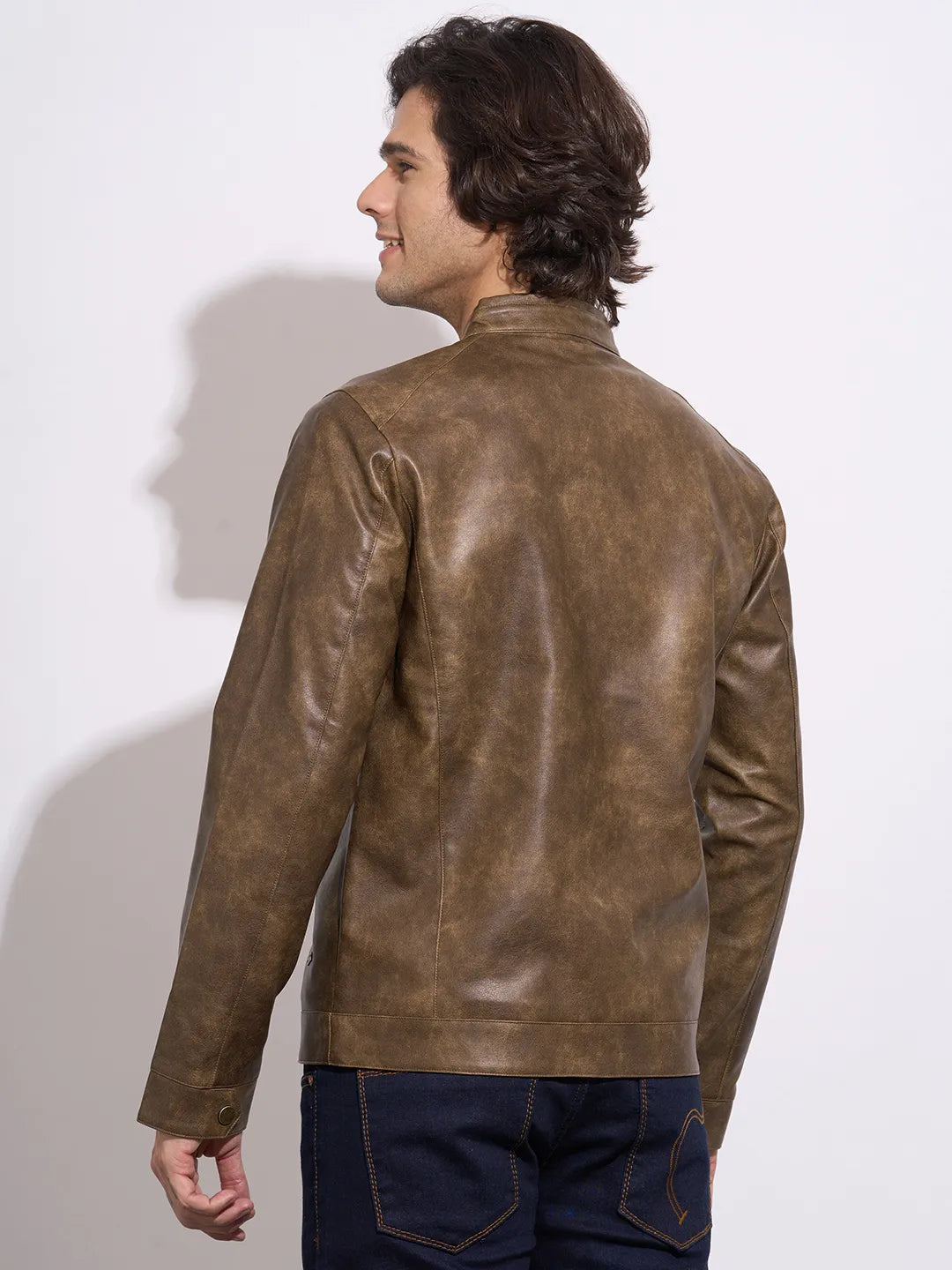 Being Human Men's Brown Band Collar Leather Jacket