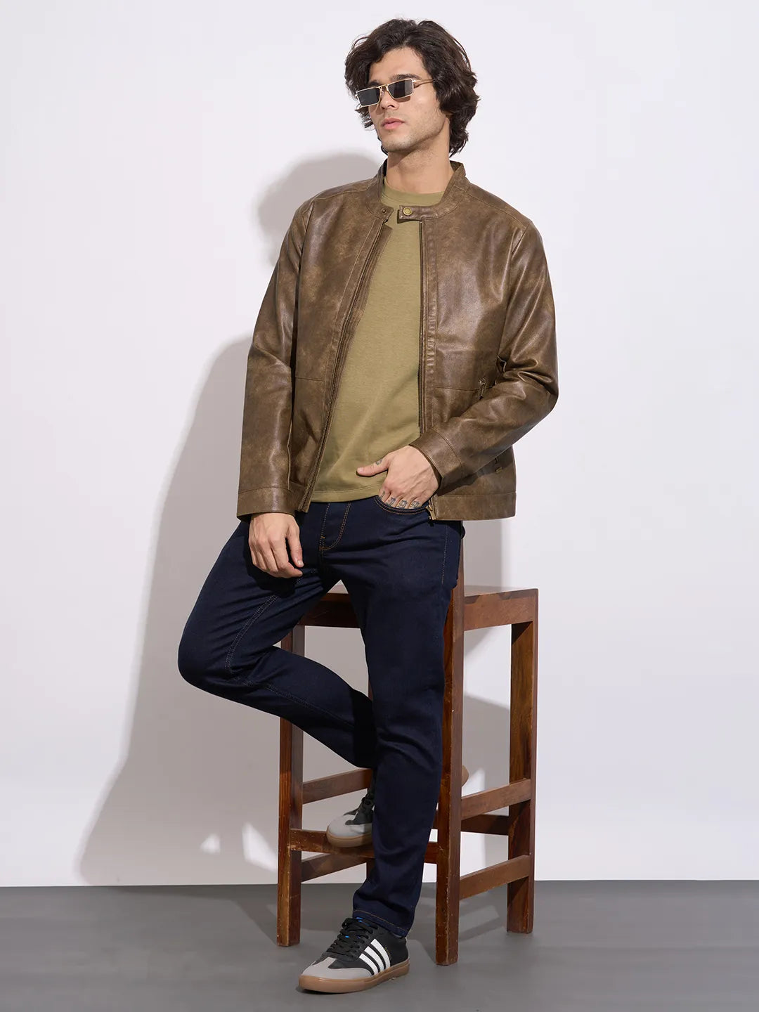 Being Human Men's Brown Band Collar Leather Jacket