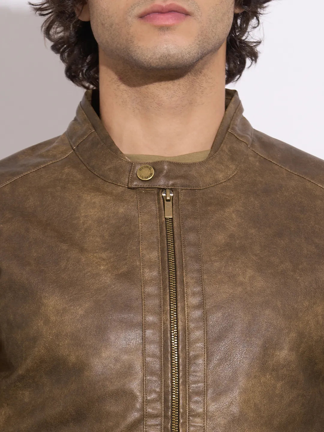 Being Human Men's Brown Band Collar Leather Jacket