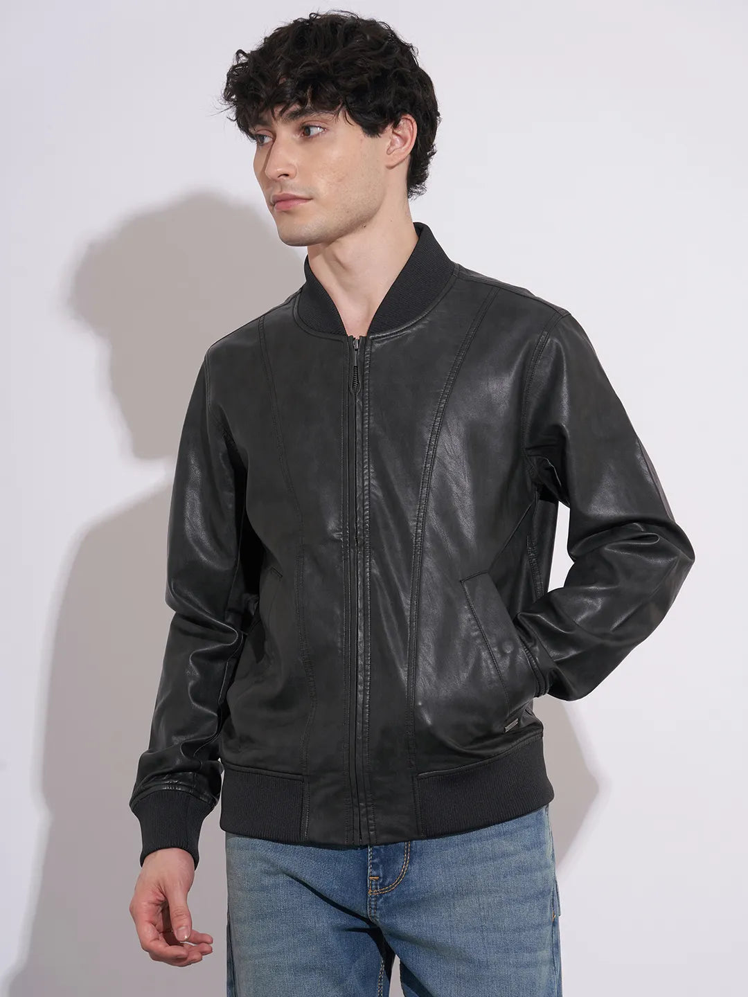 Men's Black Baseball Collar Leather Jacket by Being Human Clothing