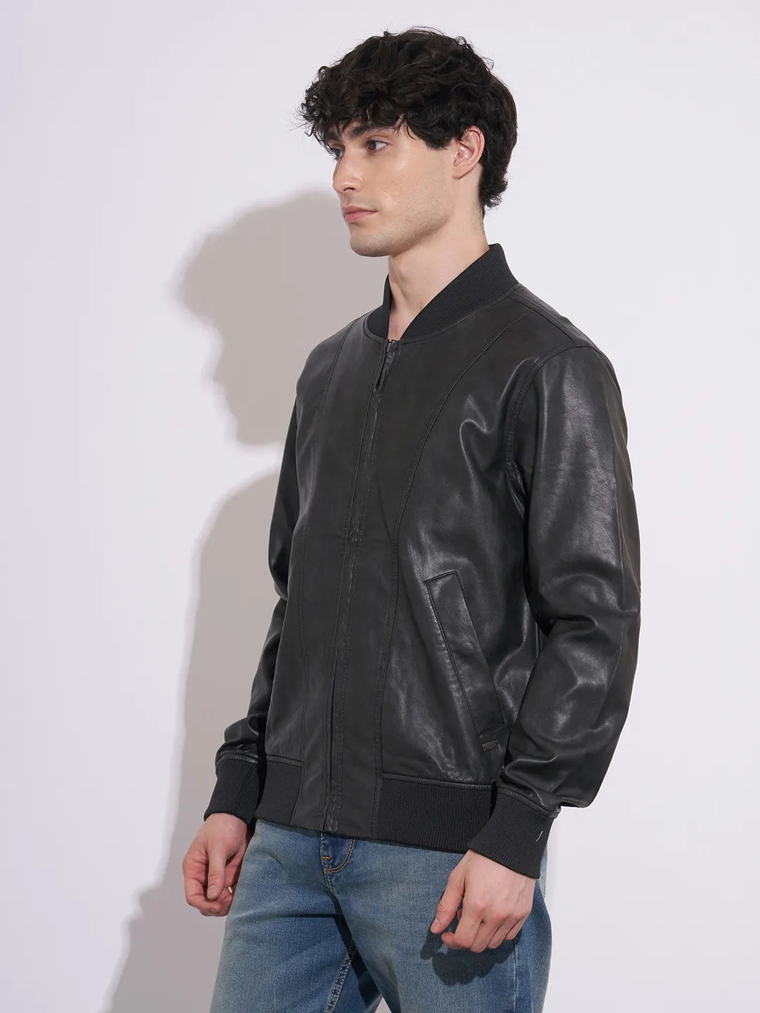 Men's Black Baseball Collar Leather Jacket by Being Human Clothing