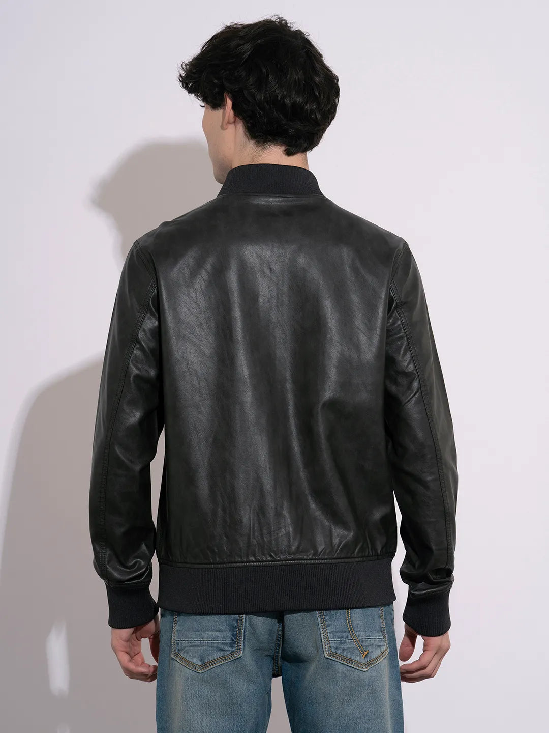 Men's Black Baseball Collar Leather Jacket by Being Human Clothing