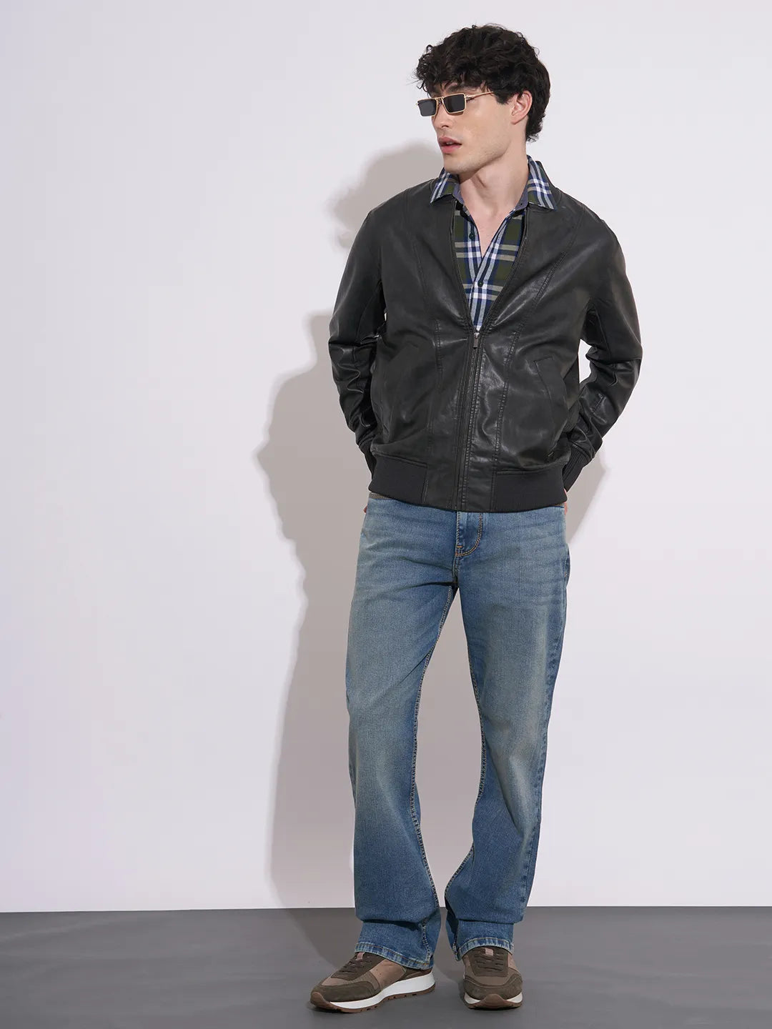 Men's Black Baseball Collar Leather Jacket by Being Human Clothing