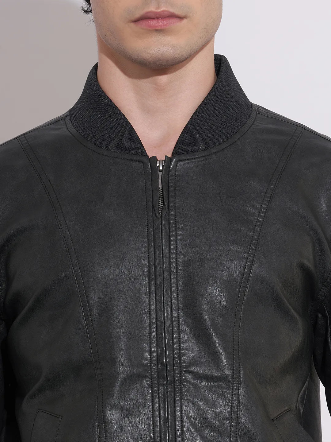 Men's Black Baseball Collar Leather Jacket by Being Human Clothing
