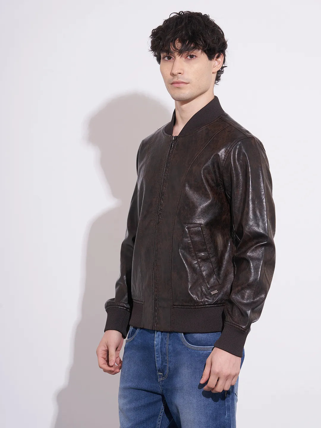 Being Human Men's Dark Brown Baseball Neck Leather Jacket