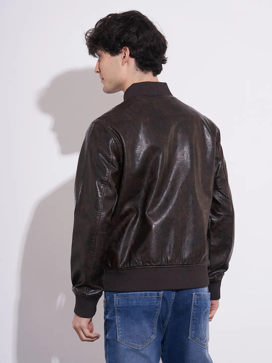 Being Human Men's Dark Brown Baseball Neck Leather Jacket