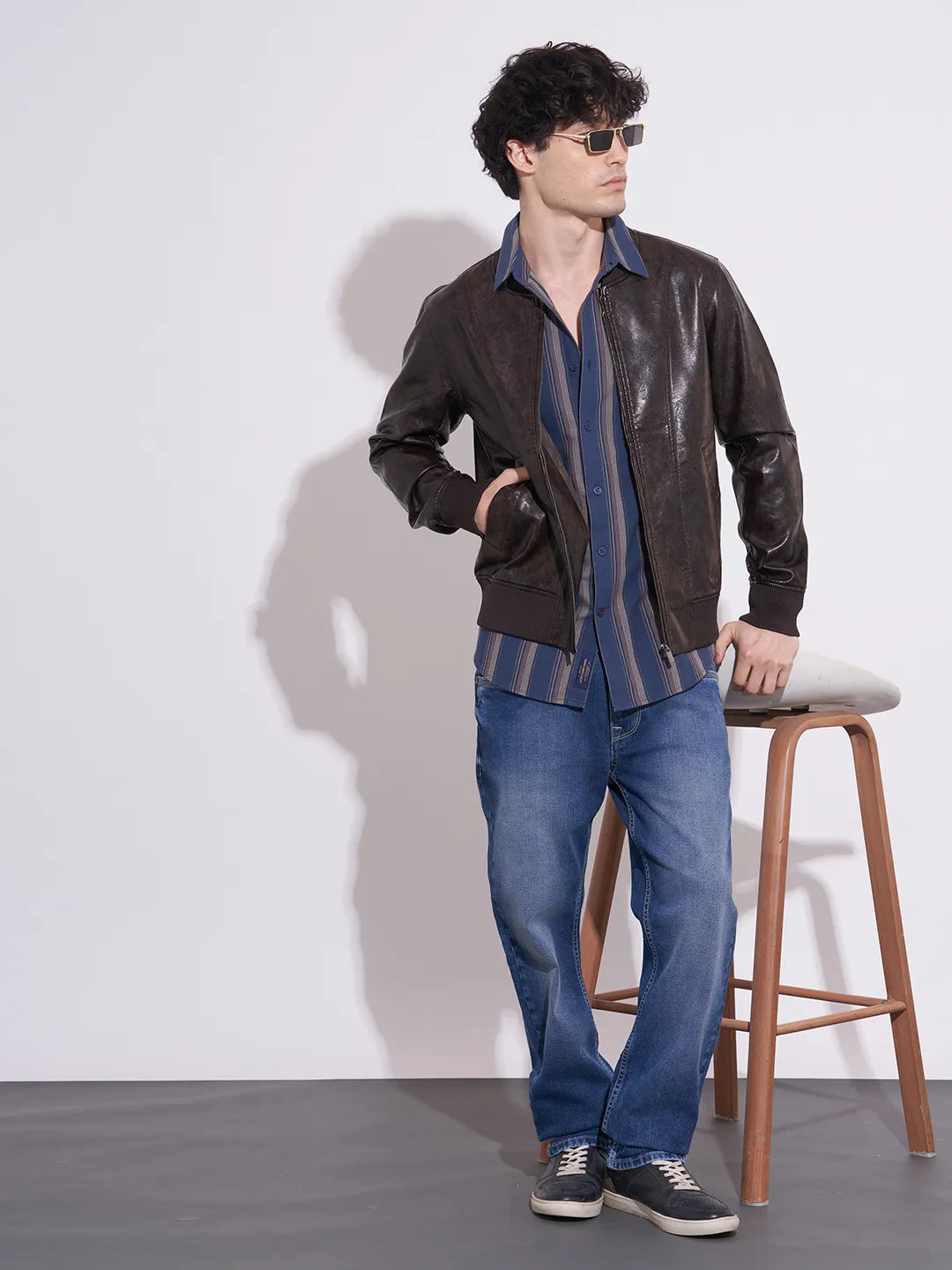 Being Human Men's Dark Brown Baseball Neck Leather Jacket