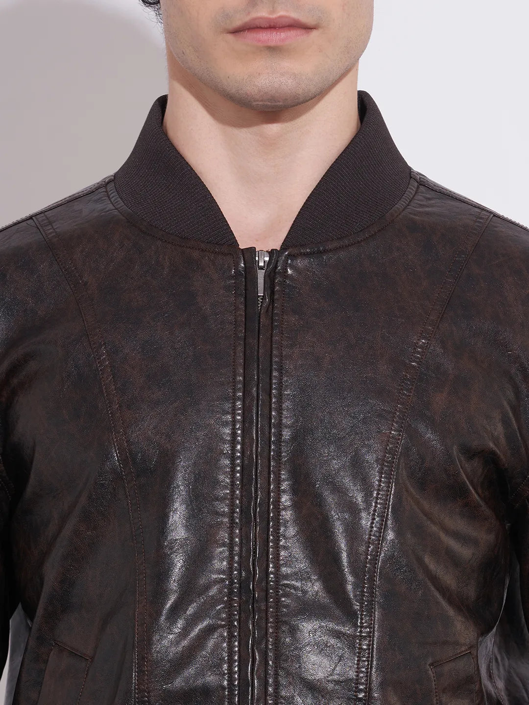 Being Human Men's Dark Brown Baseball Neck Leather Jacket