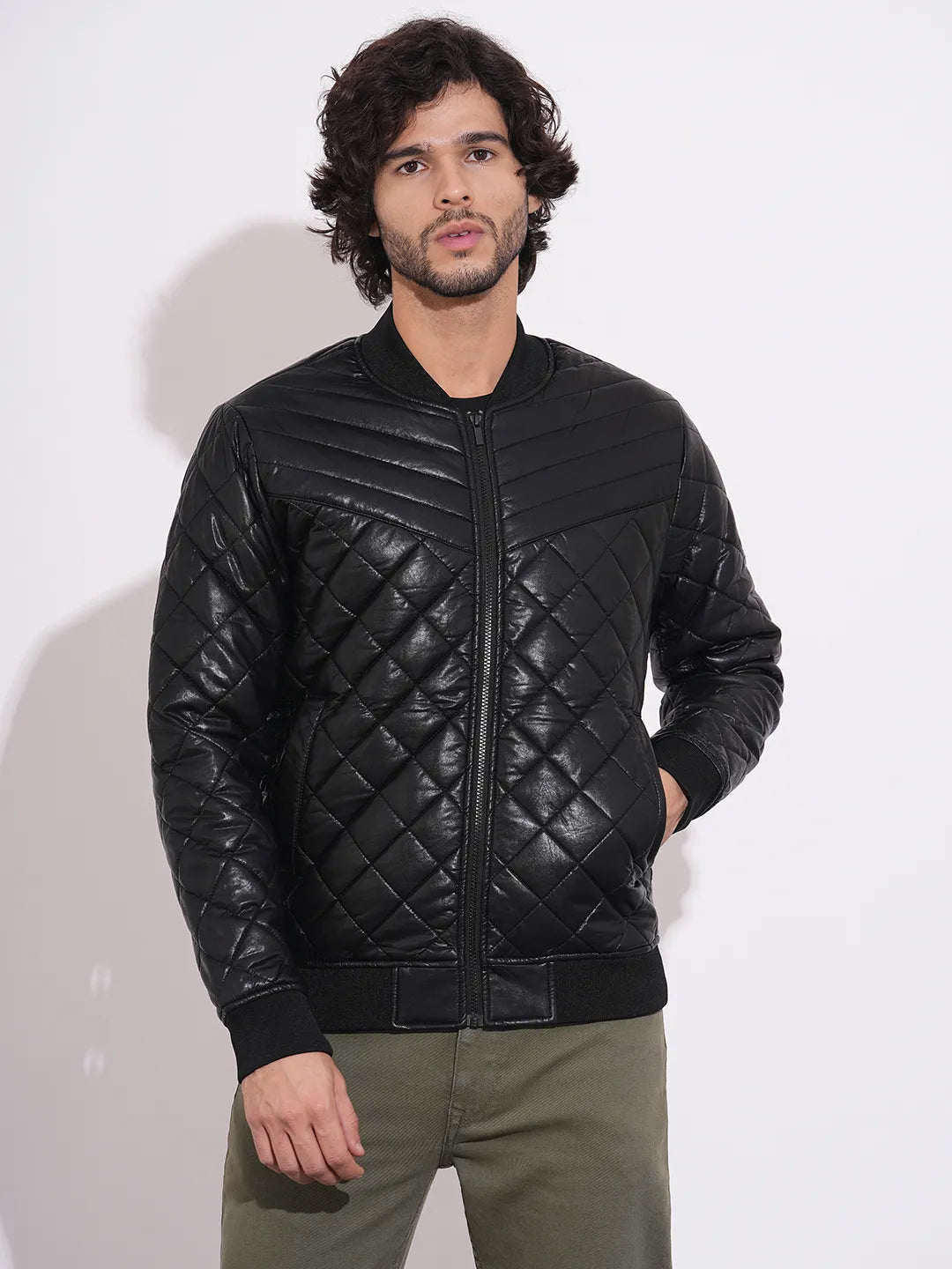 Men's Black Baseball Neck Quilted Jacket by Being Human Clothing