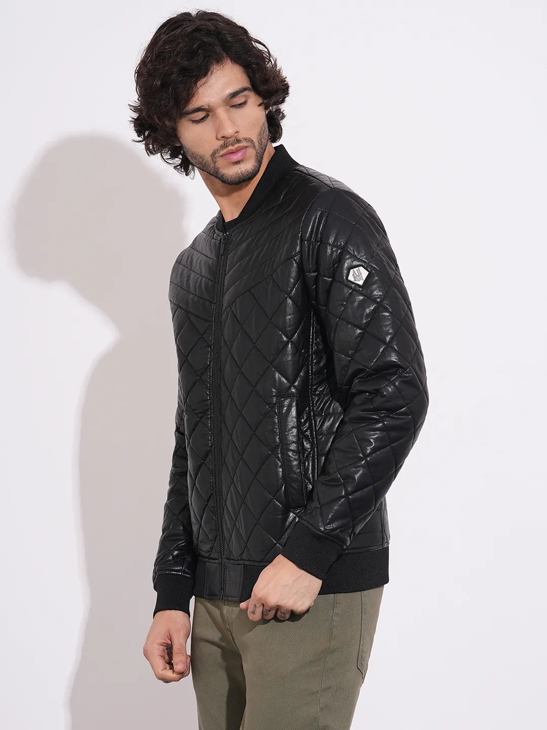 Men's Black Baseball Neck Quilted Jacket by Being Human Clothing